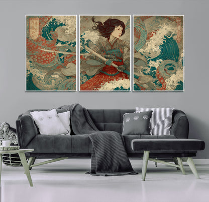 Tsukioka Yoshitoshi Samurai Wall Art Print, Japanese Katana Warrior Canvas Wall Art, Octopus Sea Monster Canvas Print,