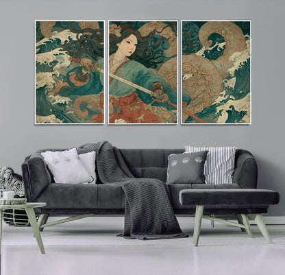 Tsukioka Yoshitoshi Samurai Wall Art Print, Japanese Katana Warrior Canvas Wall Art, Octopus Sea Monster Canvas Print,