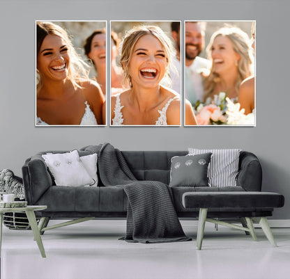 MGV-FC-60X30-3P - Joyful Wedding Wall Art – Laughing Bride and Bridesmaids Canvas Print, Romantic Celebration Photography Decor for Bedroom, Living Room, or Wedding Gift