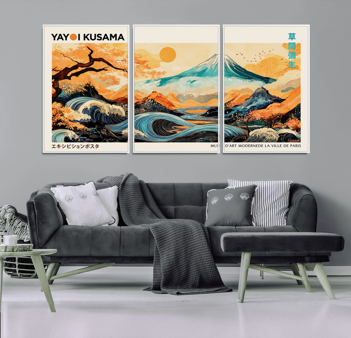 Modern Japanese-style art print featuring a stylized Mount Fuji, flowing waves, and vibrant landscapes in bold colors, inspired by traditional and contemporary aesthetics.