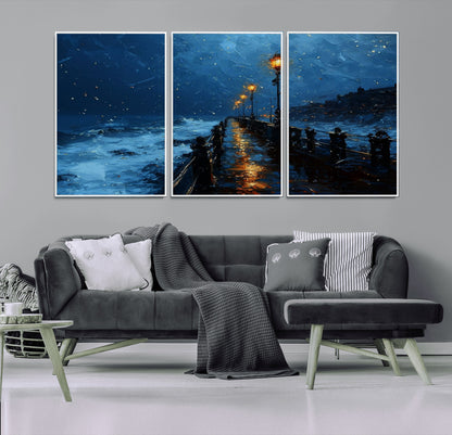"Impressionistic painting of a rainy pier at night with glowing street lamps reflecting on the wet surface, ocean waves crashing under a dark blue sky."