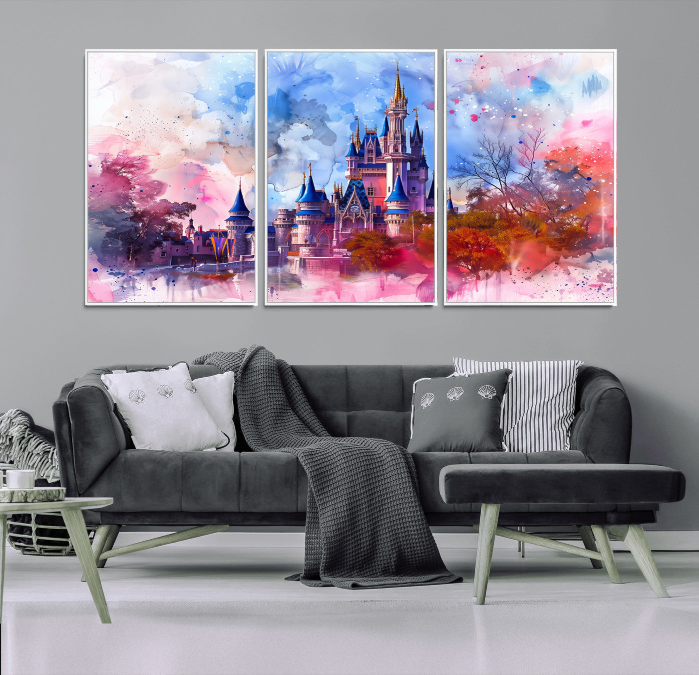 Watercolor canvas of a dreamy Disney-style castle in pastel pink and blue tones, perfect for fairytale or whimsical home decor.