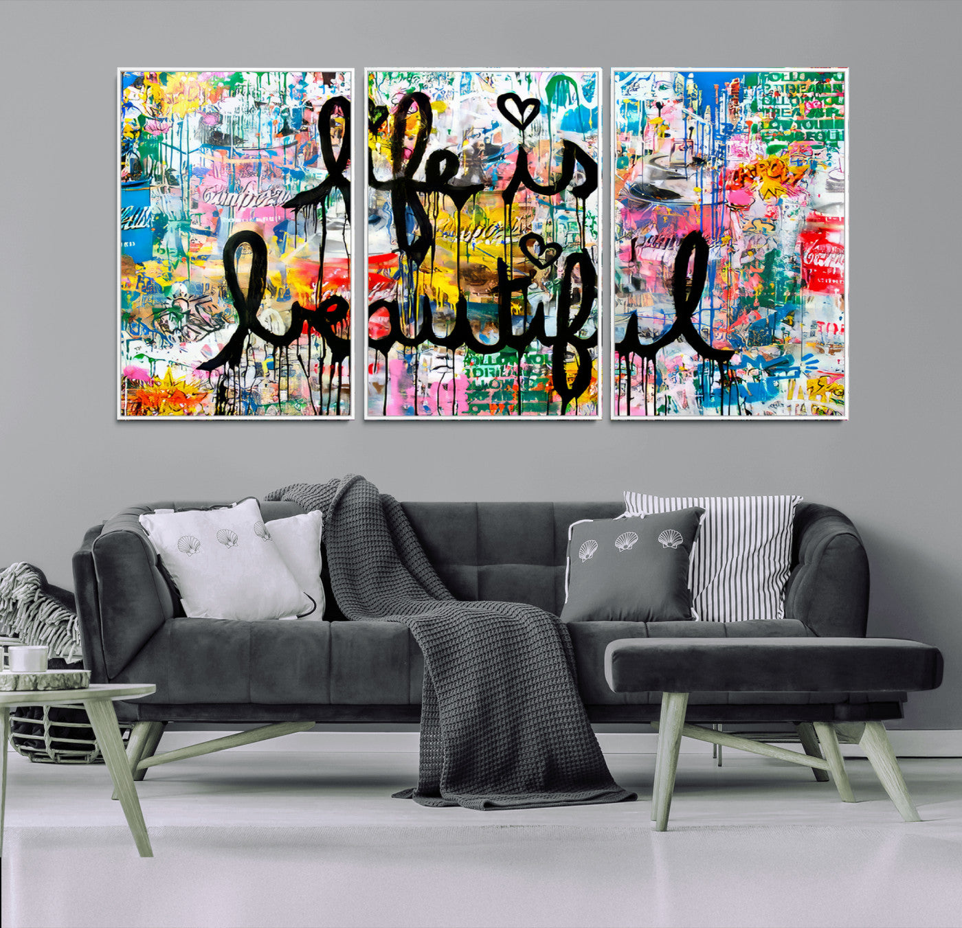 Colorful urban-style canvas with graffiti text “Life is Beautiful” in black paint, ideal for bold or street-themed home decor.