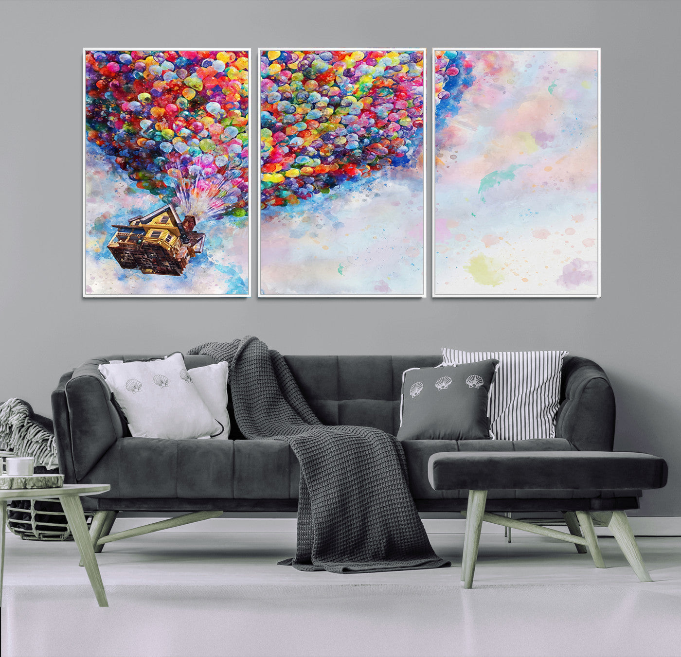 Whimsical canvas of the house from the movie Up flying with colorful balloons, ideal for Pixar or animation-themed decor.