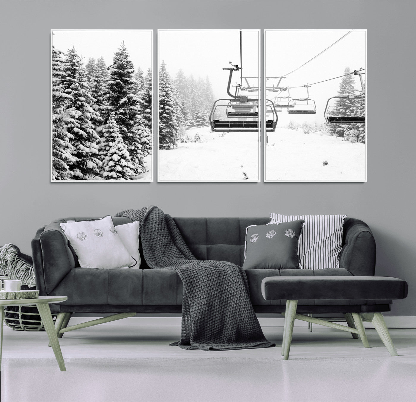 Black and white canvas of empty ski lifts over a snowy pine forest, perfect for minimal winter or ski lodge-inspired decor.