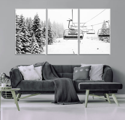 Black and white canvas of empty ski lifts over a snowy pine forest, perfect for minimal winter or ski lodge-inspired decor.