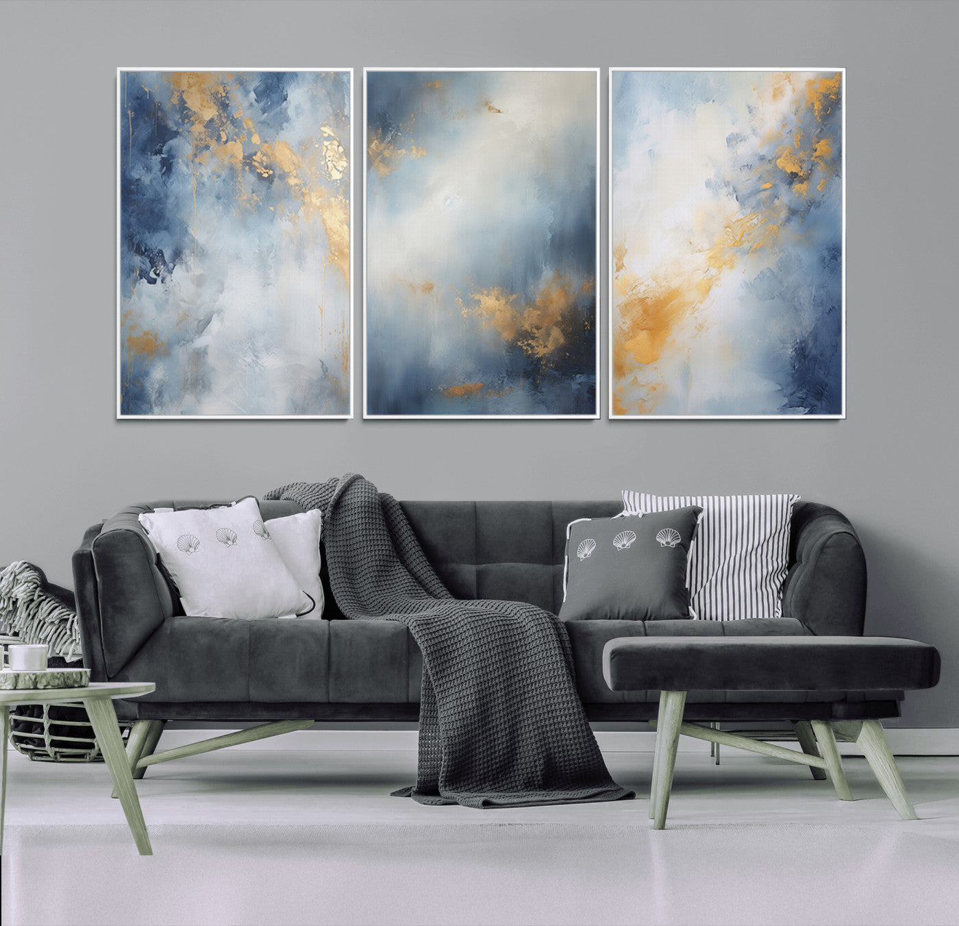 Abstract canvas art in soft blue and gold tones with textured brushstrokes, ideal for elegant or modern neutral decor spaces.