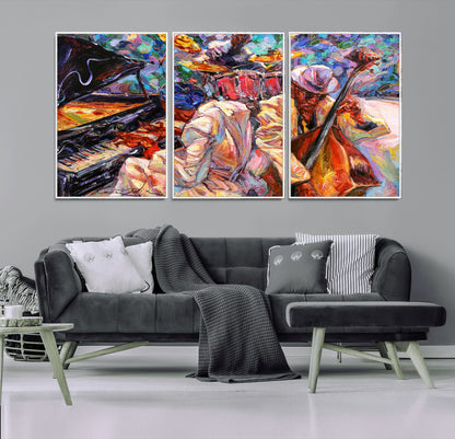 Vibrant oil painting of a jazz band with piano, saxophone, and bass, ideal for colorful and expressive music-themed home decor.
