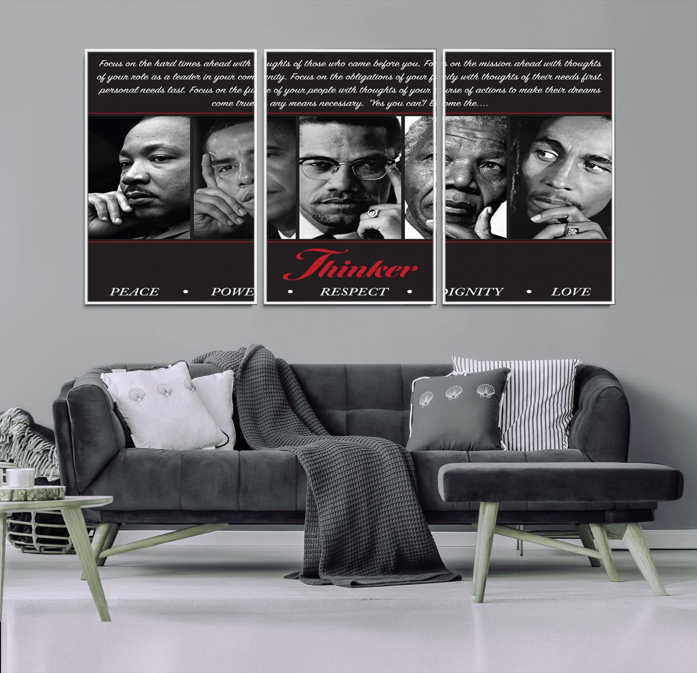 Monochrome canvas of iconic Black leaders with a powerful quote, perfect for modern spaces with a cultural or motivational theme.