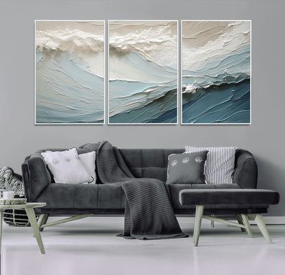 Textured canvas of ocean waves in soft coastal blues and creamy whites, ideal for modern or minimalist coastal-style interiors.