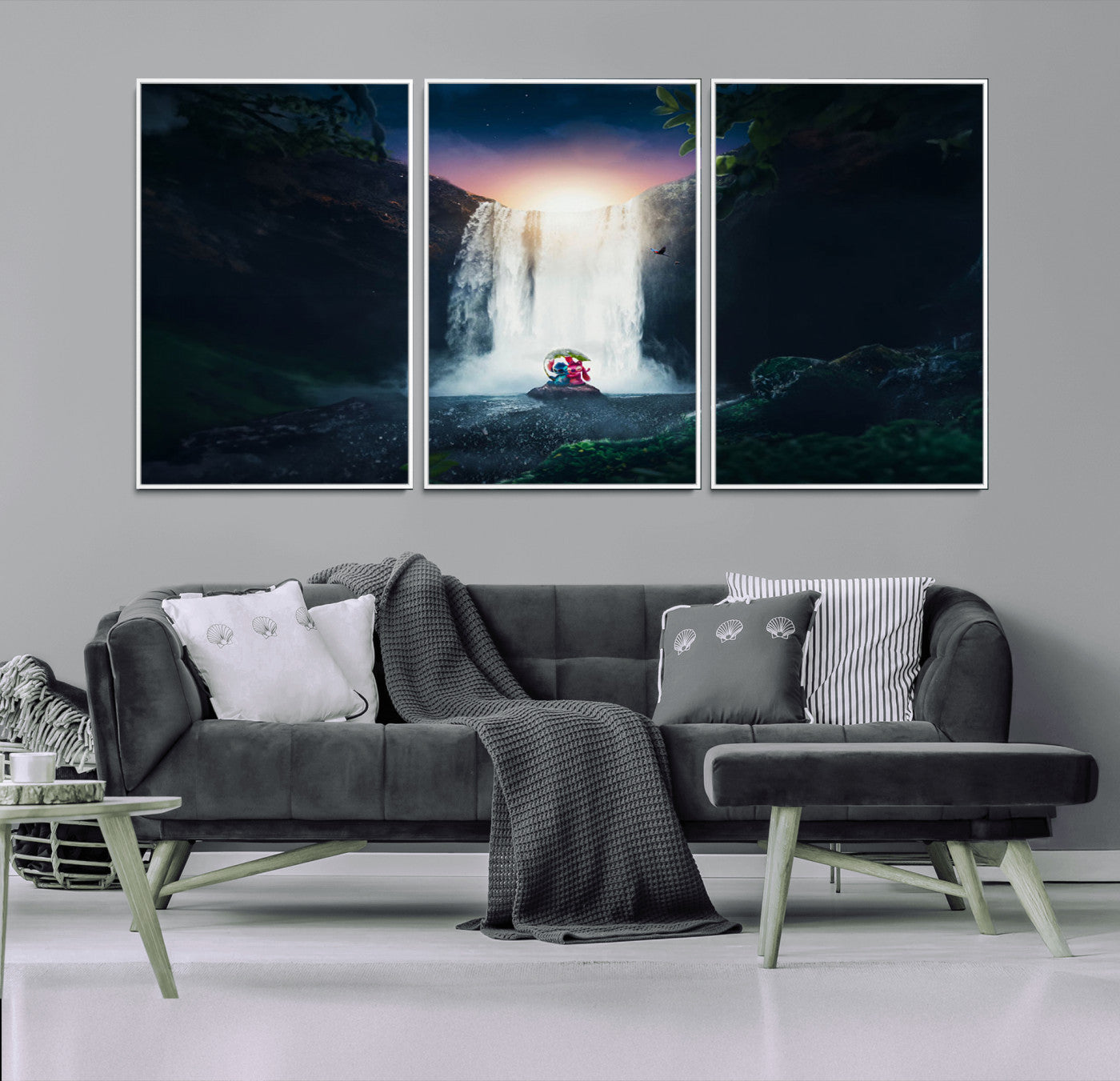 Romantic scene of Stitch and Angel sitting under a leaf in front of a glowing waterfall, ideal for tropical or fantasy-themed decor.