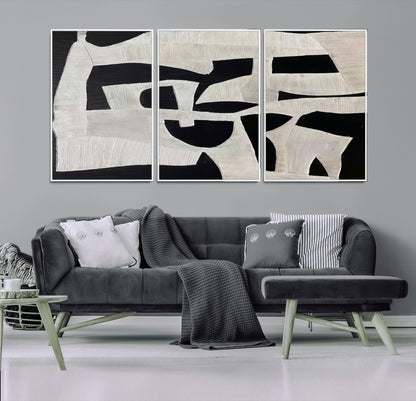 Minimalist black and white canvas featuring bold abstract textures and geometric shapes, ideal for modern neutral decor.