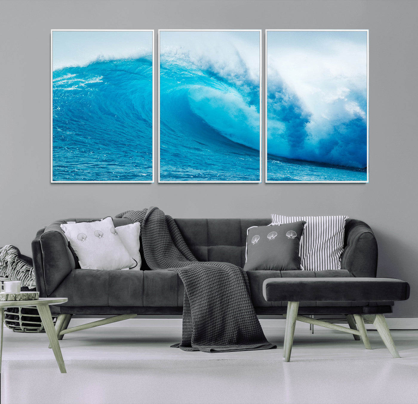 Vibrant canvas of a powerful curling ocean wave in tropical blue tones, perfect for coastal or surf-inspired decor settings.