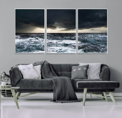 Moody ocean scene with stormy skies and crashing waves, perfect for dramatic or coastal-style home wall decor.