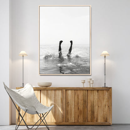 Black and white ocean art featuring a swimmer's legs mid-splash, perfect for minimalist, coastal, or monochrome modern interiors.
