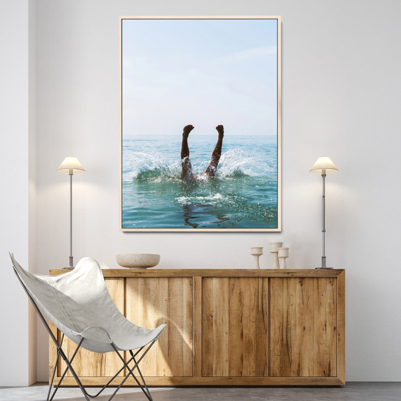 Vibrant ocean canvas of a playful diving splash, ideal for coastal or beach-themed interiors with a lively summer vibe.