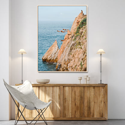 Canvas wall art capturing a bold cliff diving sequence into turquoise waters, perfect for vibrant and adventurous coastal or sporty interiors.