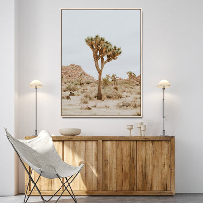 Canvas of a Joshua Tree in neutral desert tones under soft light, ideal for southwestern minimalist or rustic nature-inspired home decor.