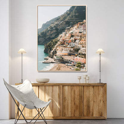 Canvas of colorful cliffside homes in Positano along the Amalfi Coast with warm tones, perfect for Mediterranean coastal or European-inspired home decor.