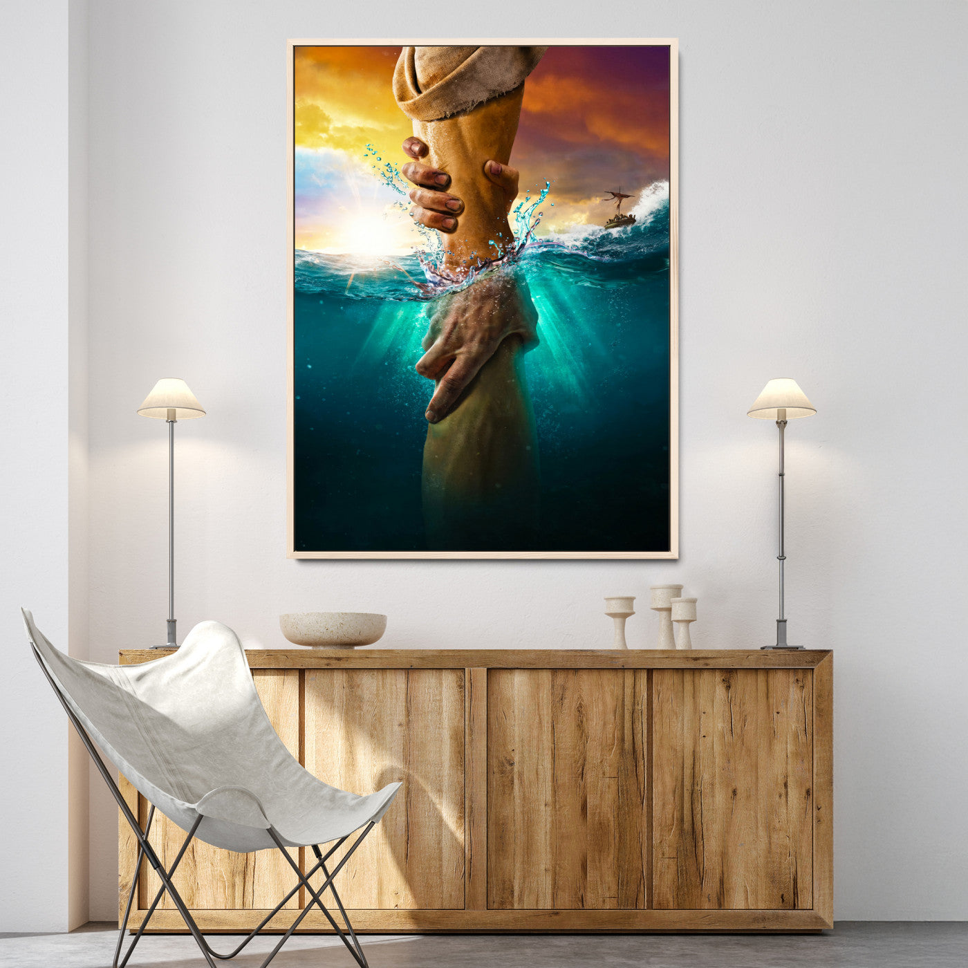 A dramatic scene of a hand reaching underwater and being lifted, symbolizing rescue and faith, ideal for spiritual or Christian wall decor.