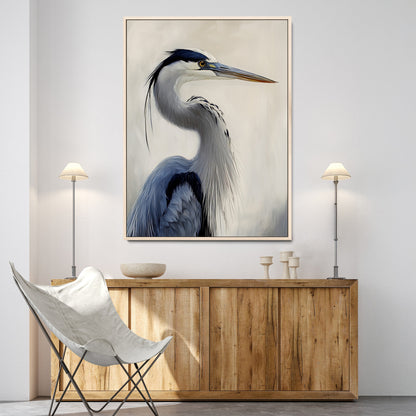 Elegant blue heron in profile with soft brush detail and neutral tones, ideal for nature-themed or coastal minimalist interiors.