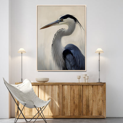 Single blue heron in profile with soft feathers and neutral tones, ideal for tranquil, coastal or nature-inspired interior settings.