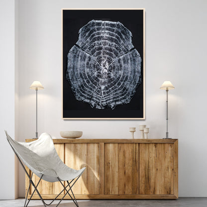 Monochrome tree ring cross-section on black background, showing detailed growth lines, perfect for modern rustic or minimalist interiors. (