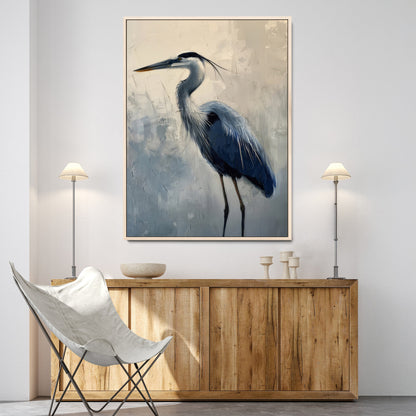 Elegant heron bird standing tall with soft brushstroke texture and muted tones, perfect for coastal or nature-themed home decor.