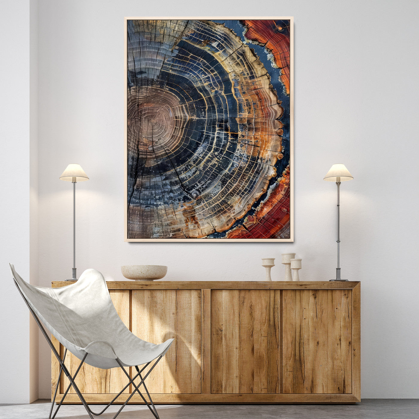 Close-up of a tree ring cross-section showing detailed growth rings in earthy tones, perfect for rustic or nature-inspired home decor.