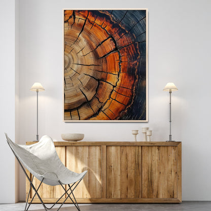 Close-up of tree rings with deep cracks and rich brown tones, highlighting natural texture and organic patterns, perfect for rustic wall art.