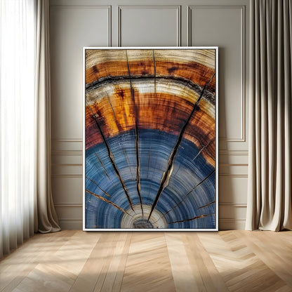 Canvas of a tree ring with bold blue and orange hues and cracked radial lines, ideal for rustic or earthy modern interiors.