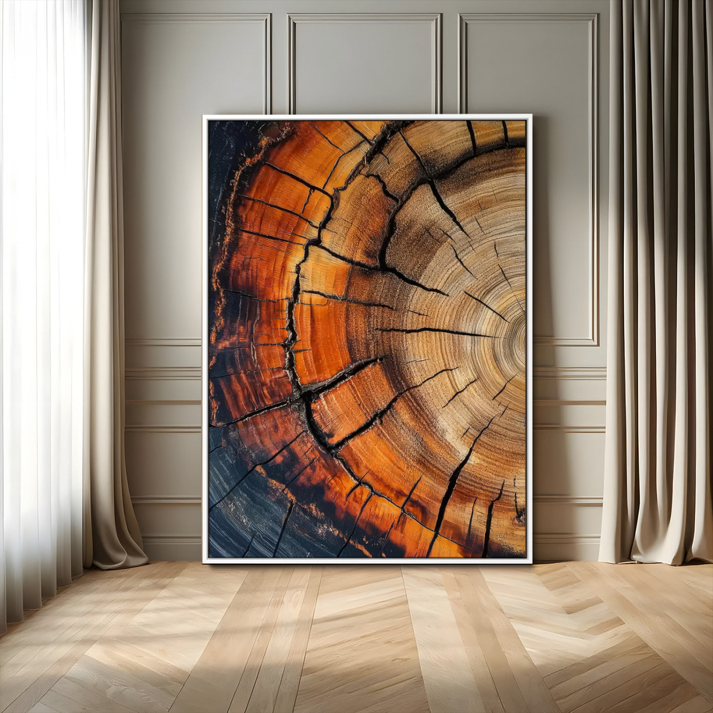 Canvas of a cracked tree ring with warm burnt orange tones and dark edges, ideal for rustic or earthy home decor themes.