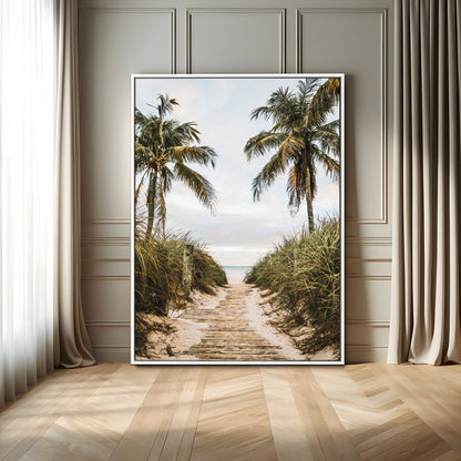 Canvas wall art of a tropical beach path with palm trees and dune grass, ideal for coastal entryways or tropical-inspired home decor.