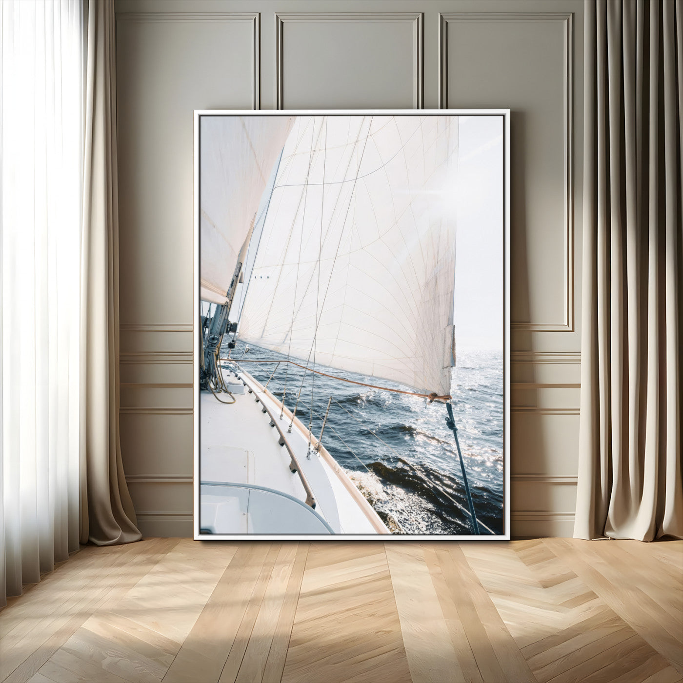 Canvas of a sailboat gliding on a sunlit ocean with white sails and sparkling water, ideal for coastal minimalist or nautical-style home decor.