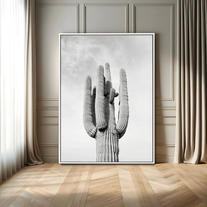 Canvas of a tall saguaro cactus in black and white with moody tones, perfect for southwestern minimalist or modern desert-themed home decor.