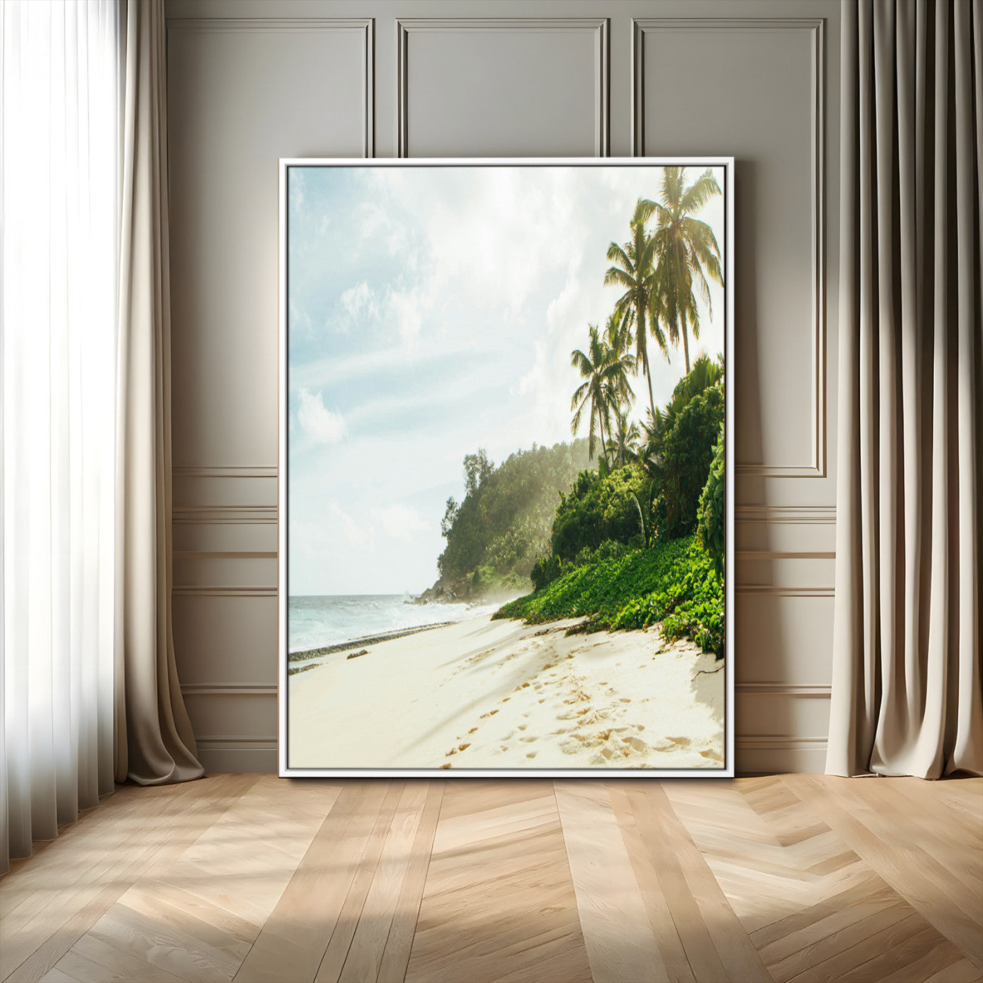 A tropical beach with palm trees, soft sand, and ocean waves under a bright sky, creating a peaceful and relaxing coastal view.