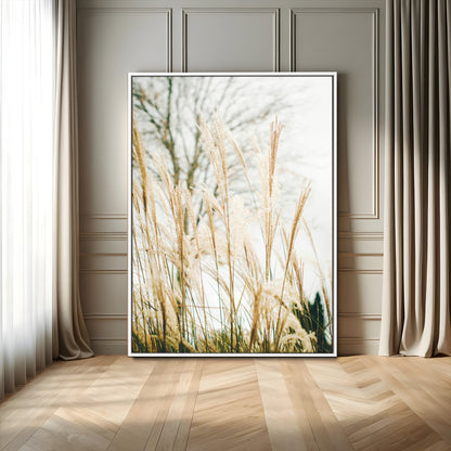Soft beige pampas grass swaying in the breeze against a muted sky, creating a tranquil and minimalist botanical aesthetic.
