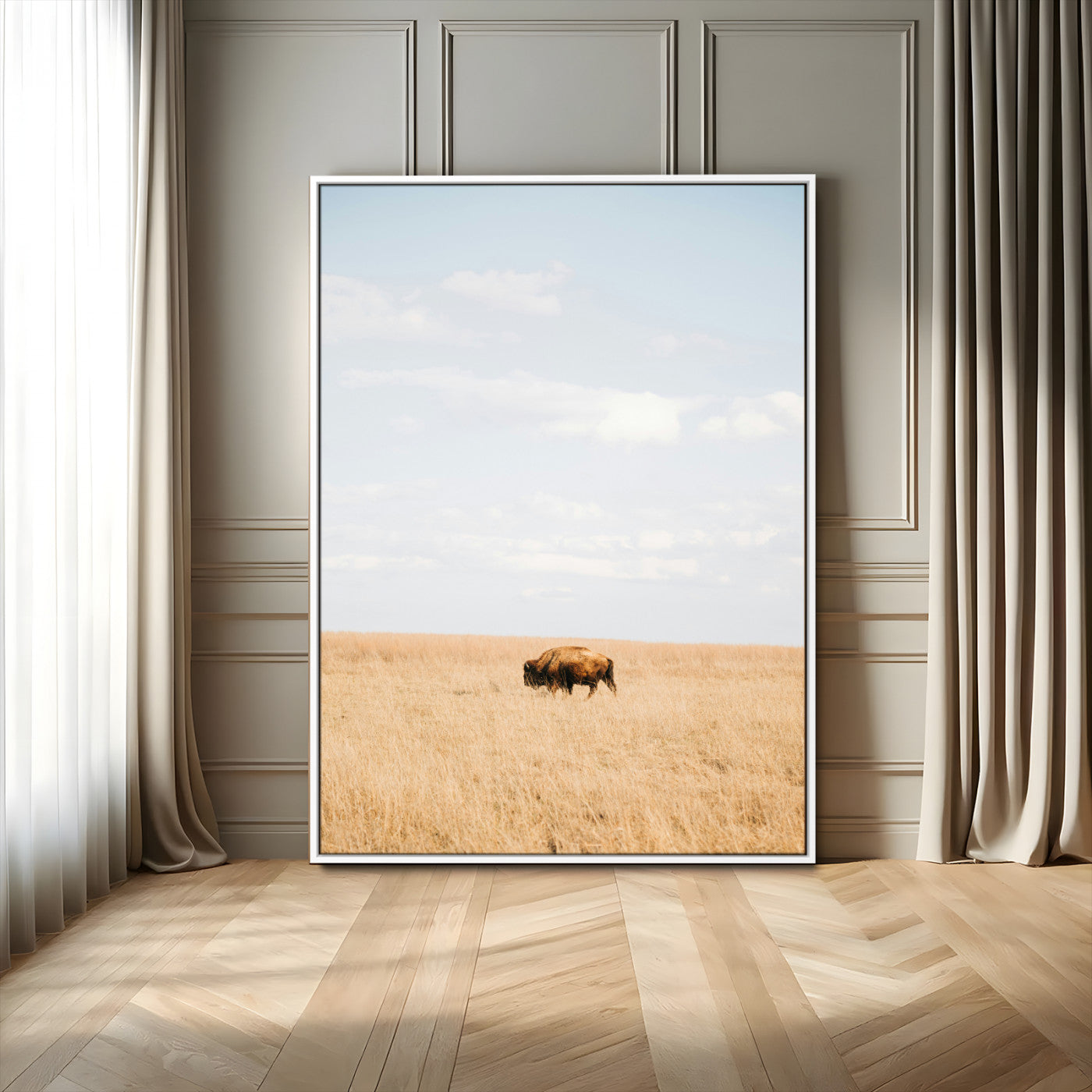 Minimalist Nature Wall Art Canvas Print, Framed Bison In Grassland Art Picture Print, Open Field Perfect Modern Ranch Decor Decor Artwork