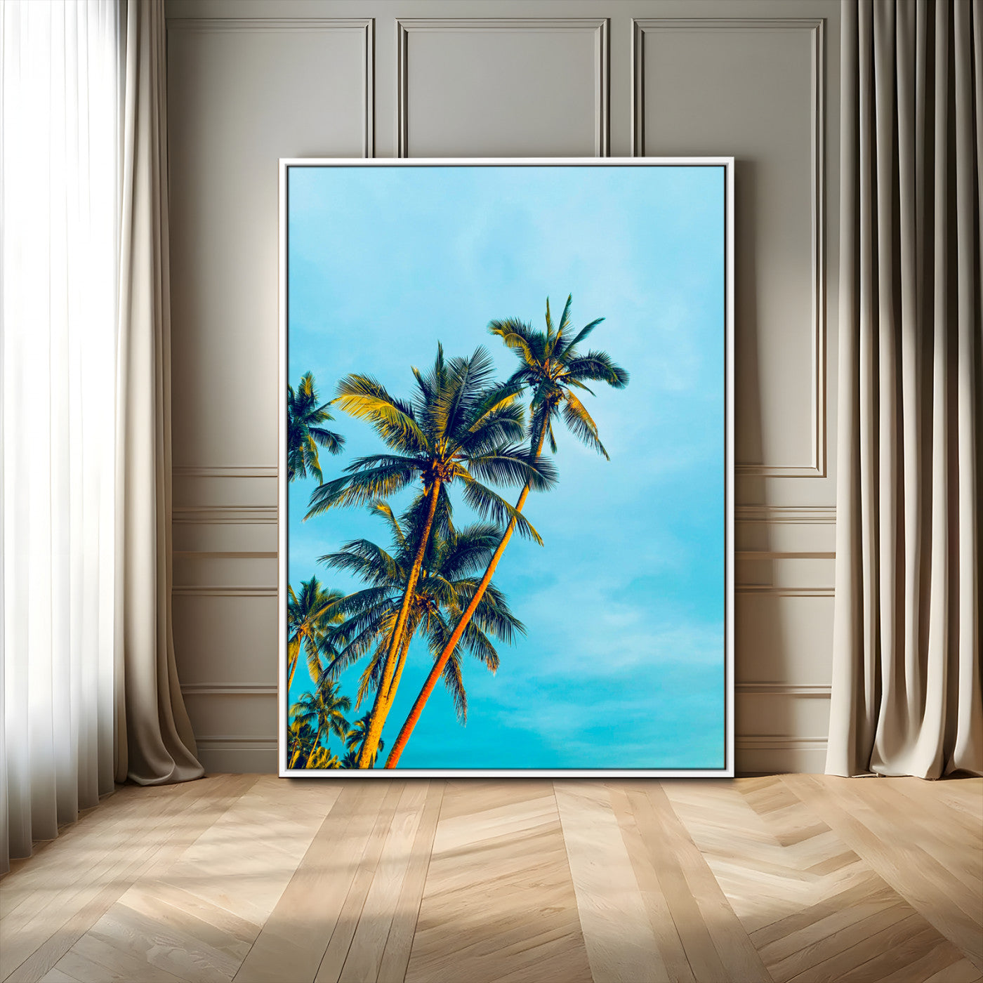 "Tall palm trees with golden sunlight against a vibrant blue sky, creating a tropical, relaxing atmosphere for coastal and beach-themed decor.