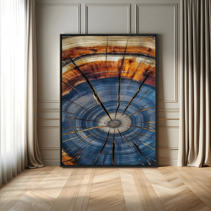 Canvas of a tree ring with bold blue and orange hues and cracked radial lines, ideal for rustic or earthy modern interiors.