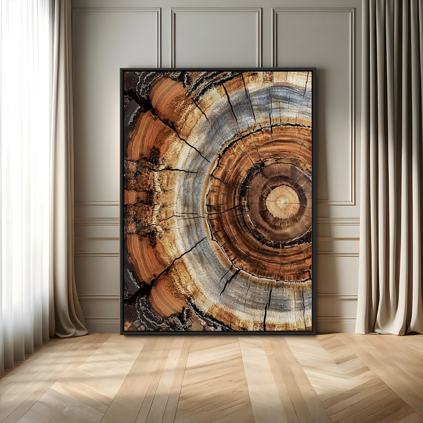 Canvas of tree rings and natural wood grain in earthy tones, ideal for rustic or vintage-inspired home decor with organic textures.