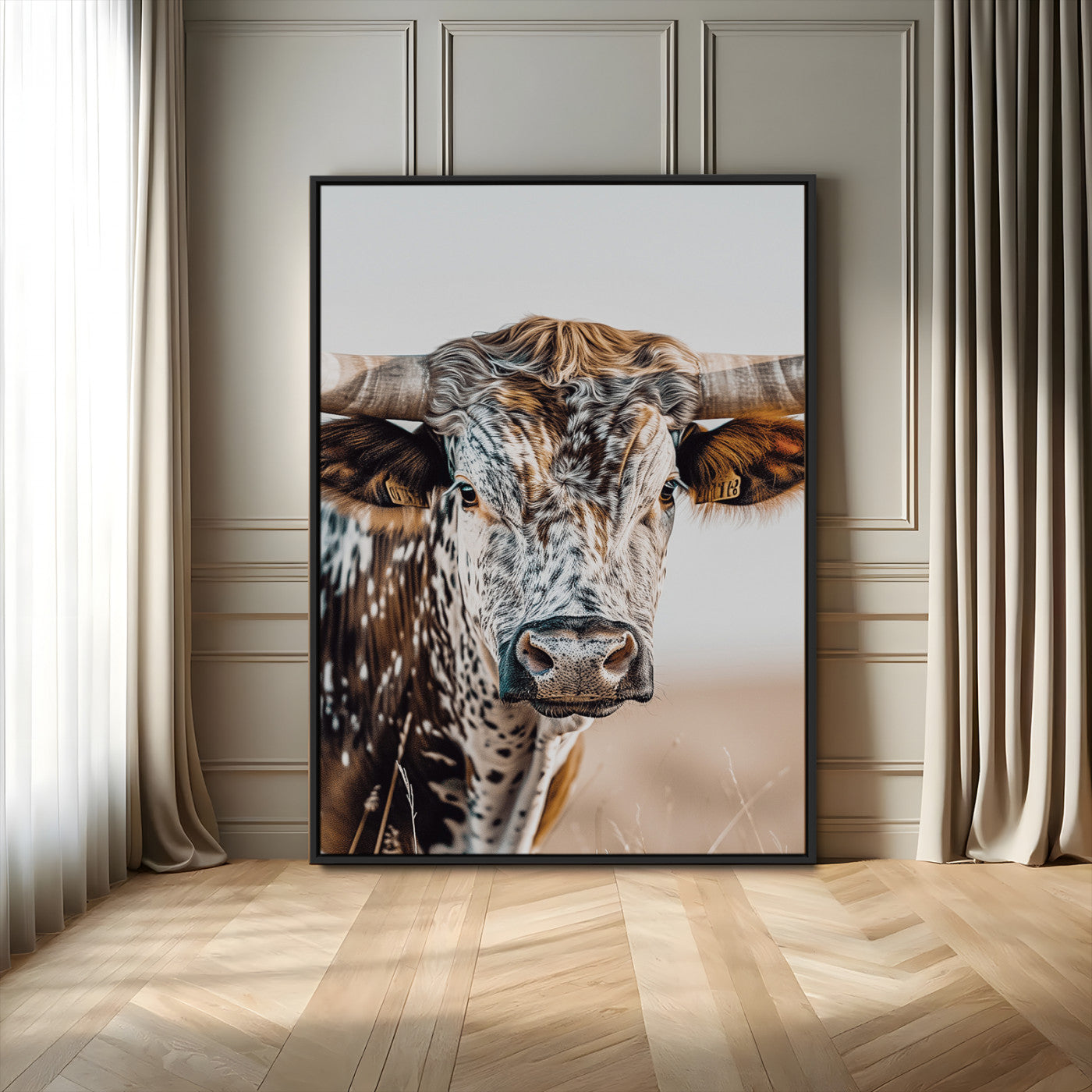 Canvas of a speckled Texas longhorn with wide curved horns and warm tones, perfect for rustic or country-style wall decor.