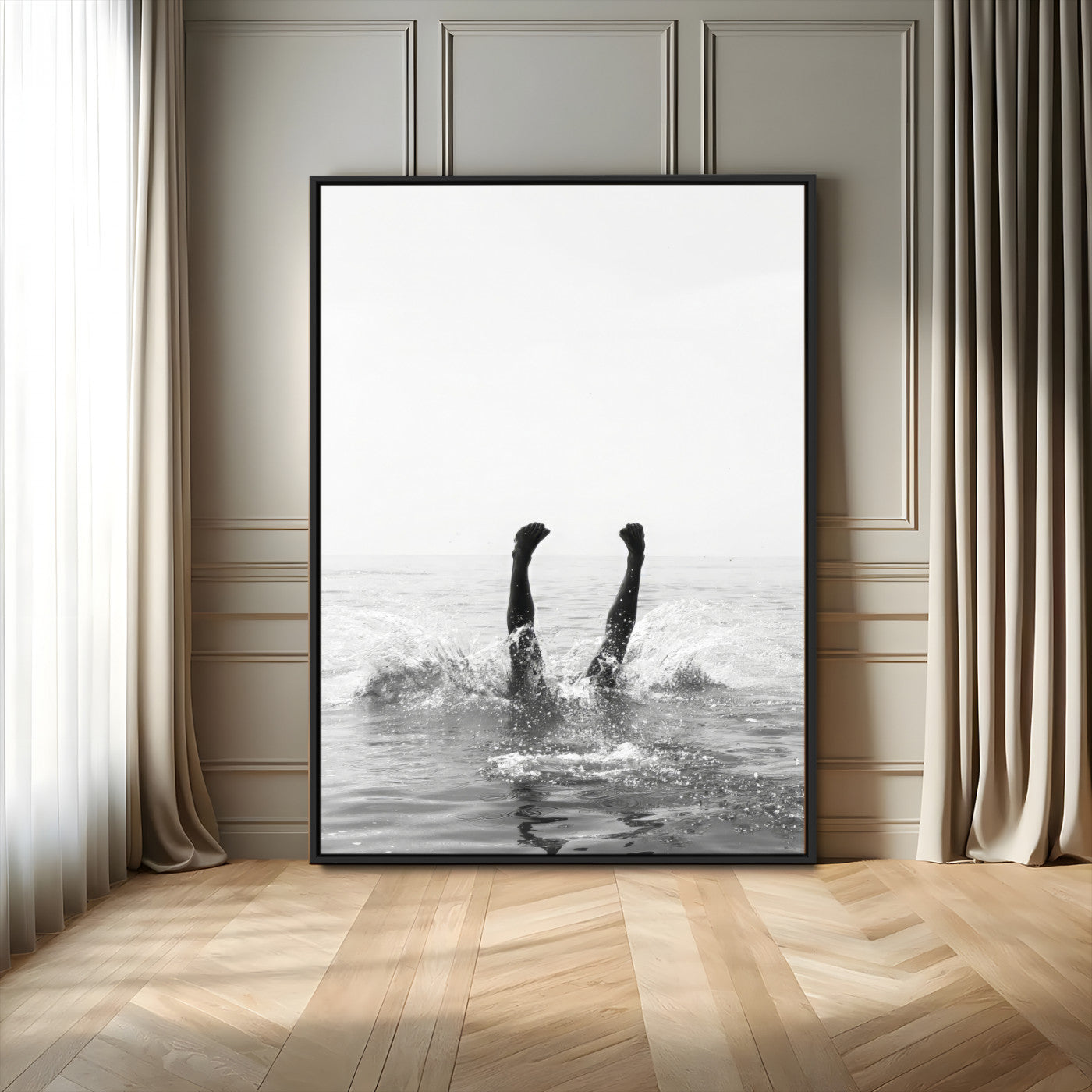 Black and white ocean art featuring a swimmer's legs mid-splash, perfect for minimalist, coastal, or monochrome modern interiors.