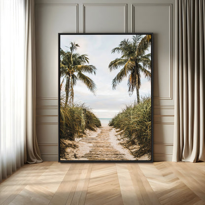 Canvas wall art of a tropical beach path with palm trees and dune grass, ideal for coastal entryways or tropical-inspired home decor.