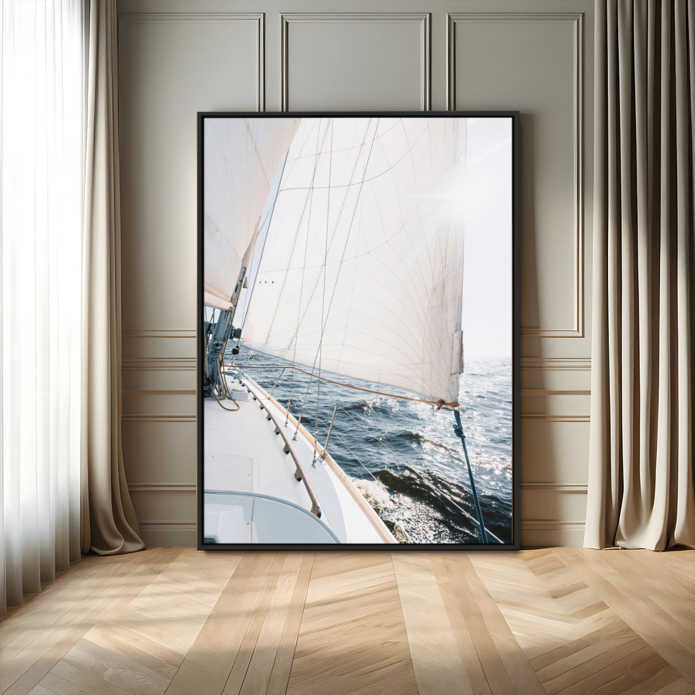 Canvas of a sailboat gliding on a sunlit ocean with white sails and sparkling water, ideal for coastal minimalist or nautical-style home decor.
