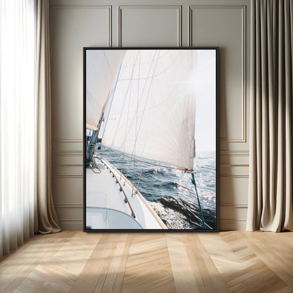 Canvas of a sailboat gliding on a sunlit ocean with white sails and sparkling water, ideal for coastal minimalist or nautical-style home decor.