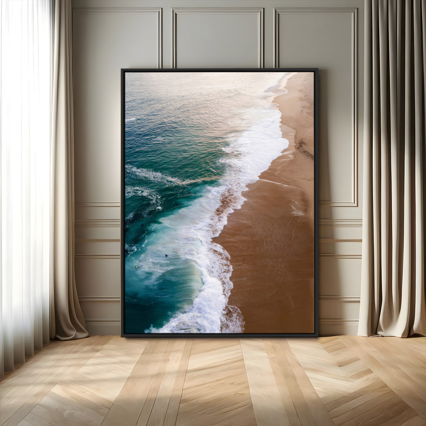 Canvas of a dreamy aerial beach scene with turquoise waves and soft sunset tones, ideal for modern coastal or minimalist home decor.