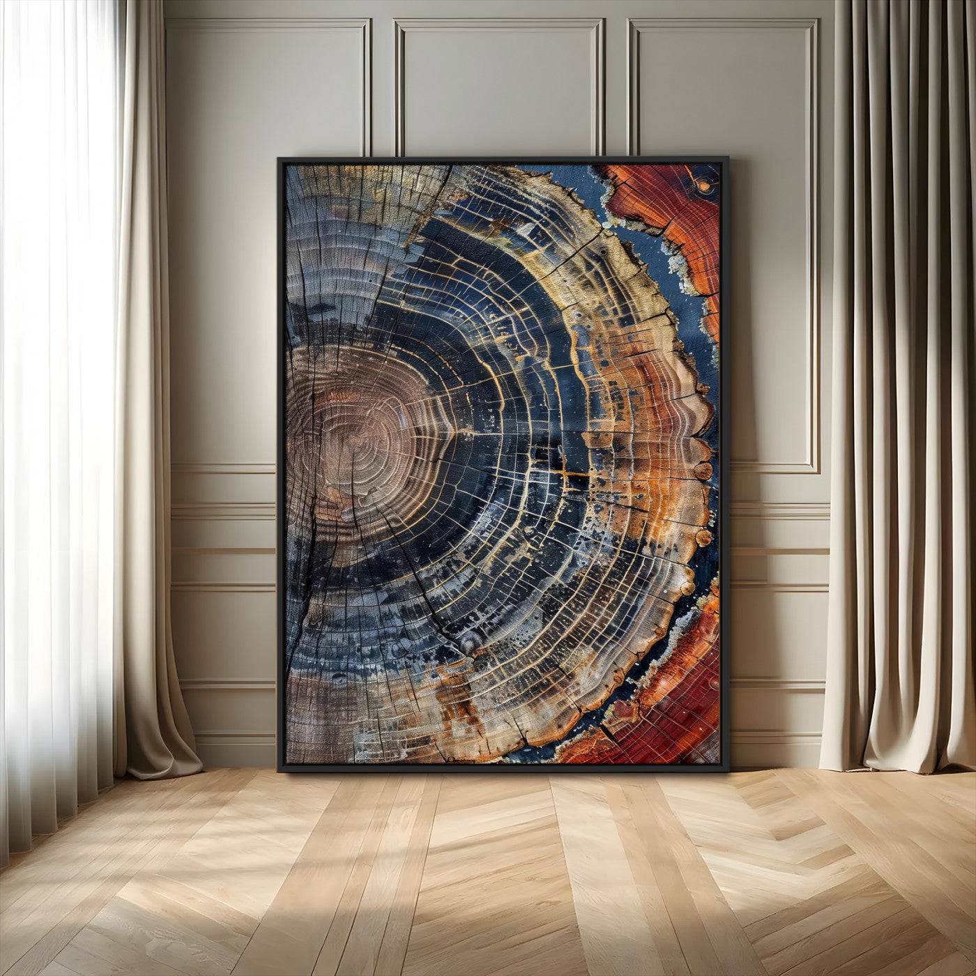 Close-up of a tree ring cross-section showing detailed growth rings in earthy tones, perfect for rustic or nature-inspired home decor.