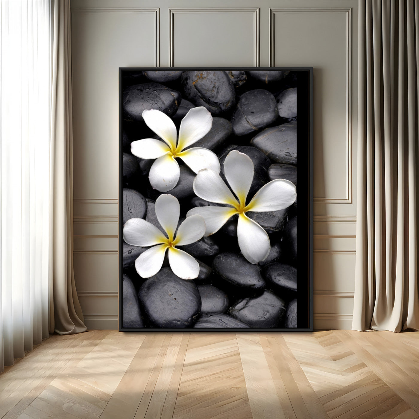 Large Wall Art White Flowers on Black Zen Meditation Stones Vertical Canvas Print