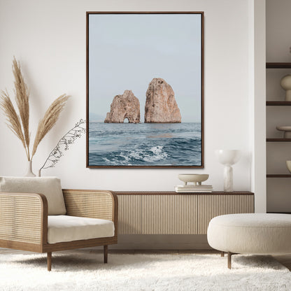 Serene photograph of the Faraglioni rocks in Capri with calm blue waters, perfect for Mediterranean coastal or minimalist travel-themed decor.